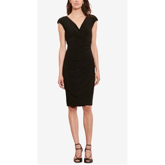 Ralph Lauren Dress Black 16 V Neck Stretch Washable Career Church Cap Sleeve - Picture 9 of 12